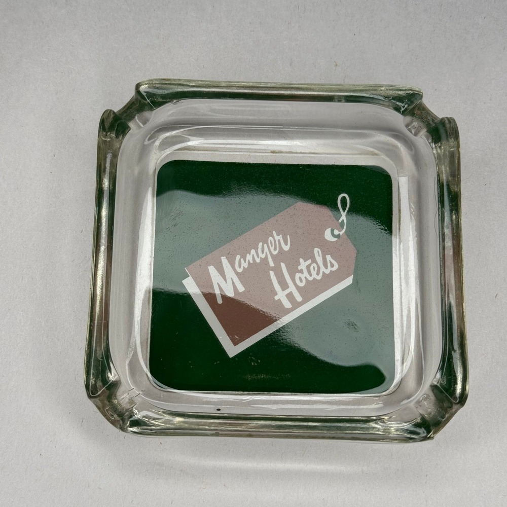Vintage Manger Hotels Glass Ashtray Green Brown Luggage Tag Logo‎ Mid Century